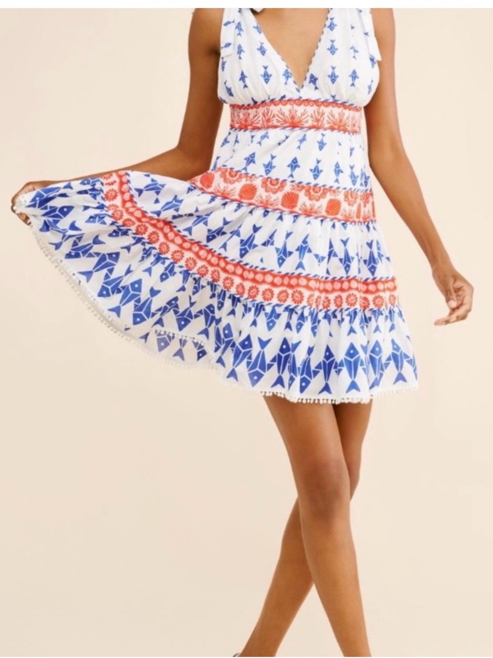 EUC - FARM RIO Vibrant Blue and Red Sardine Fish Patterned Mini Dress - M